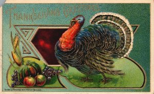 1912 Thanksgiving Greetings Vegetables Fruits Turkey Holiday Vintage Postcard