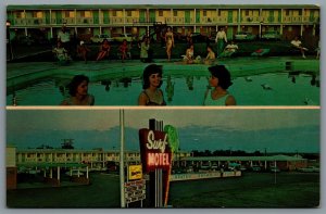 Postcard Santa Rosa NM c1950s Surf Motel Swimming Pool Old Cars Route 66 Defunct