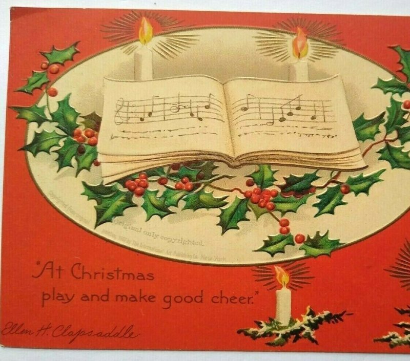 Vintage Christmas Postcard Ellen Clapsaddle 51342 Embossed Music Book Candles