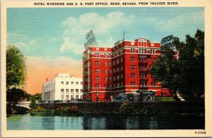 Vtg Reno Nevada NV Hotel Riverside and US Post Office 1930s Linen Postcard