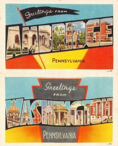 PA, Pennsylvania  AMBRIDGE & WASHINGTON Large Letter TWO c1940's Linen Postcards