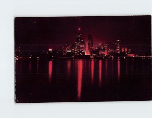 Postcard Night Skyline View Of Detroit, Michigan