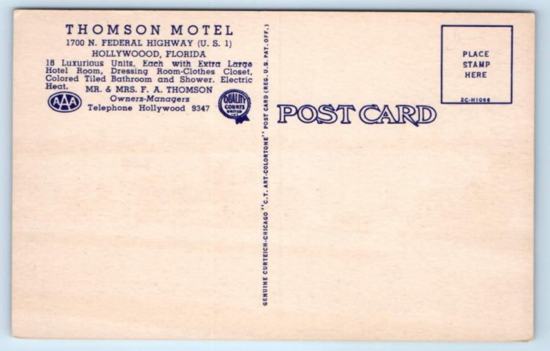 HOLLYWOOD, FL Florida ~ THOMSON MOTEL c1950s Roadside Linen Postcard