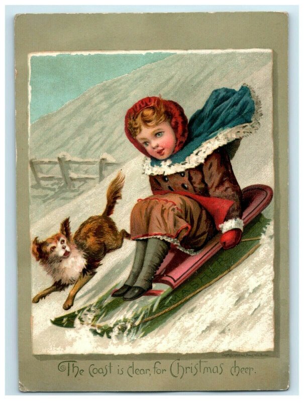 1880s-90s Christmas Card Adorable Girl On Sled Cute Dog Winter Snow #S