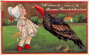 D12/ Thanksgiving Holiday Postcard 1912 Windsor Ohio Girl Turkey Gold Lined 2