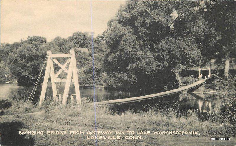1930s LAKEVILLE Connecticutt Swinging Bridge Lake Wononscopomuc POSTCARD 2262