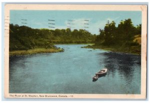 1960 Boat Scene The River at St. Stephen New Brunswick Canada Postcard 