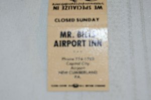 Mr. Bills Airport Inn New Cumberland PA Sea Food 20 Strike Matchbook Cover