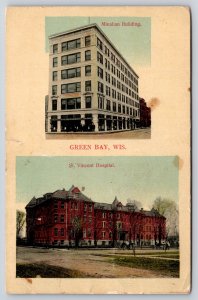 Green Bay Wisconsin~Minahan Building & St Vincents Hospital~Vintage Postcard
