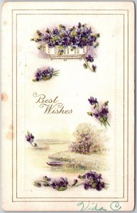 Best Wishes Violet Small Flowers In Cart River & Boats Greetings Postcard