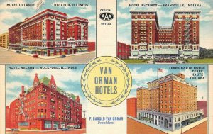 Advertising VAN ORMAN HOTELS Mid-West Roadside INDIANA~ILLINOIS c1940's Postcard