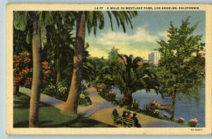 Linen Postcard~Westlake Park Scene..Walk~Los Angeles,CA