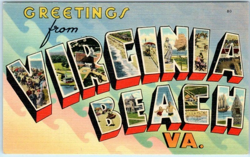 Large Letter Linen  VIRGINIA BEACH, VA  Tichnor ca 1940s Linen Postcard