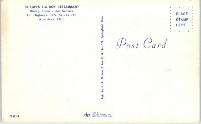 1950s Frisch's Big Boy Restaurant Aberdeen Ohio Postcard