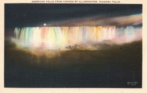 Vintage Postcard 1930's American Falls From Canada By Illumination Niagara Falls