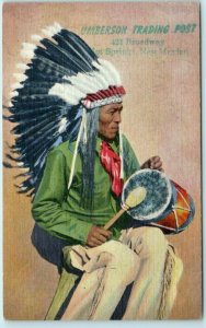 HOT SPRINGS, NM  Pueblo Indian Drummer UMBERSON TRADING POST c1940s Postcard