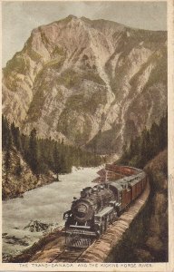 CANADA Kicking Horse River Yoho BC, Train Steam Locomotive RR 1930s CPR, Rockies