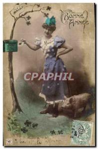 Old Postcard Cochon Pig Woman Happy new year