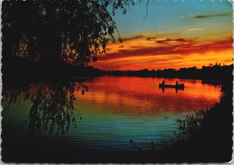 Prairie Sunset Western Canada Canoe Canoeing Lake Vintage Postcard D41 