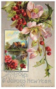 A Joyous New Year silver embossed home on lake New Year Postcard Posted 1911