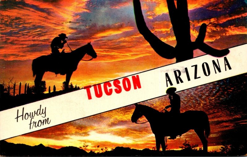 Arizona Tucson Howdy With Cowboy and Sguaro Cactus At Sunset 1962