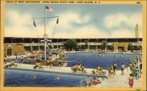 LONG ISLAND NY Jones Beach State Park Bath House Pool Old LINEN Postcard