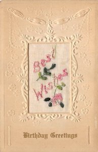 Birthday Greetings Stitching Best Wishes Flowers Silk Embroidered Writing on ...