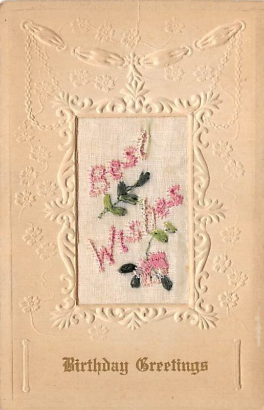 Birthday Greetings Stitching Best Wishes Flowers Silk Embroidered Writing on ...