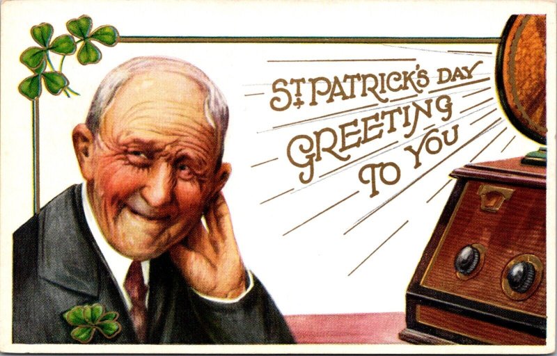St. Patrick's Day Postcard Old Man Listening to Radio Greetings Clover Shamrock