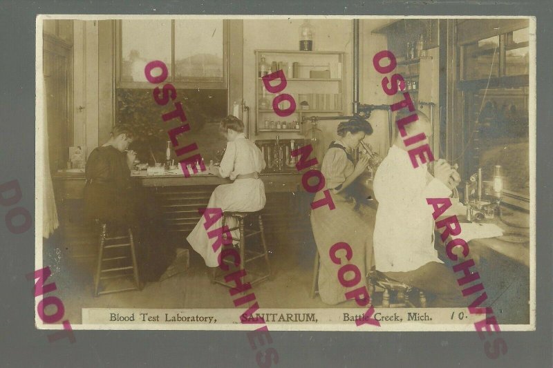 Battle Creek MICHIGAN RPPC c1910 INTERIOR LABORATORY Woman Doctor MICROSCOPE 