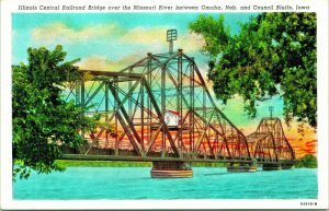  Illinois Central Railroad Bridge MO River Between Omaha & Iowa Linen Postcard 