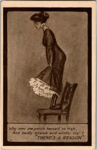 Woman on Chair Holding Skirts Up, Wht Does She Perch So High? Vtg Postcard D42