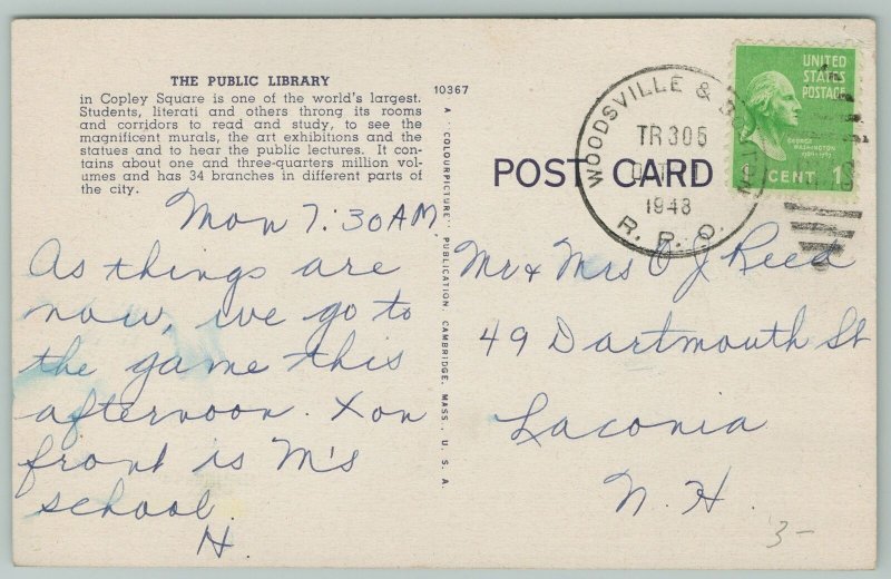 Boston Massachusetts~Public Library~1940s Linen Postcard