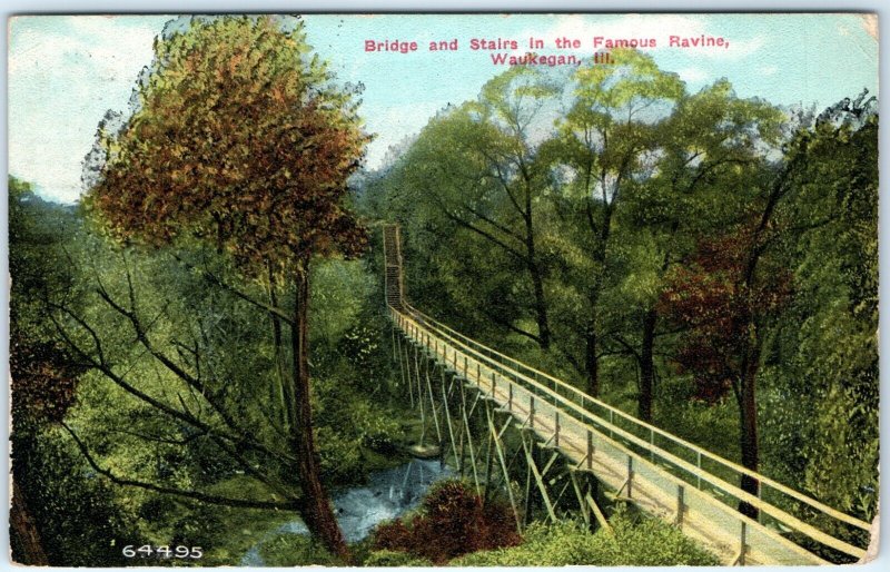 c1910s Waukegan, IL Wood Bridge Stairs Famous Ravine Postcard Unique ILL A90