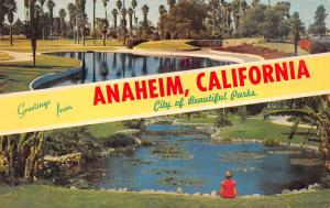 Anaheim California 1974 Postcard Lilly Pond and City Park