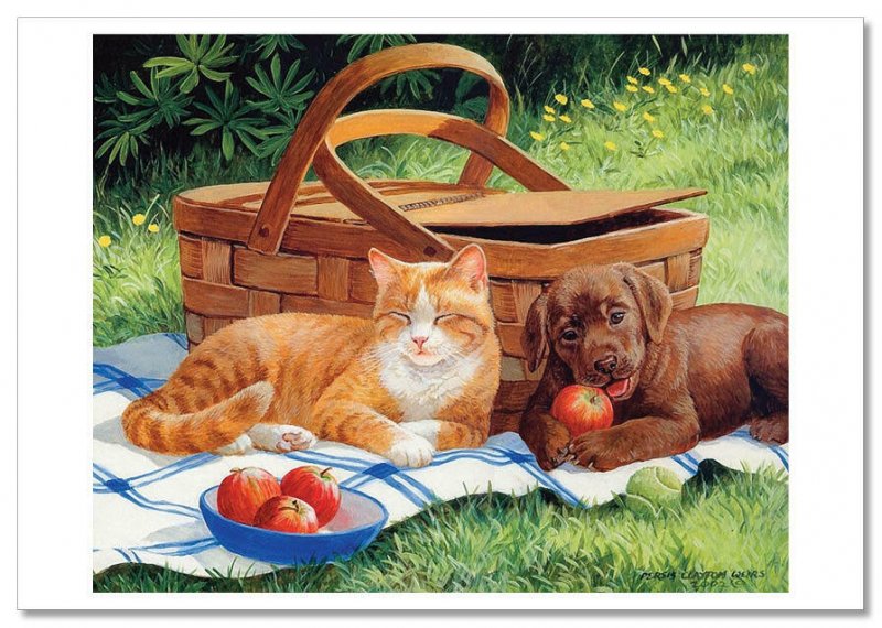 RED CAT n Puppy Dog Picnik in Park Animal Art by Weirs New Russian Postcard