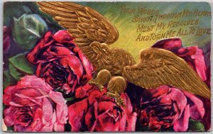 Your Woods Shoot Through My Heart Gold Eagle Red Pink Roses Flowers Postcard