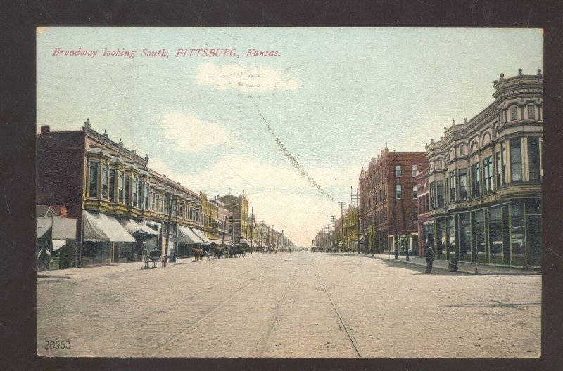 PITTSBURG KANSAS DOWNTOWN BROADWAY STREET SCENE VINTAGE POSTCARD 1908