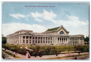 c1910's Nicholas Senn High School Campus Building Students Chicago IL Postcard