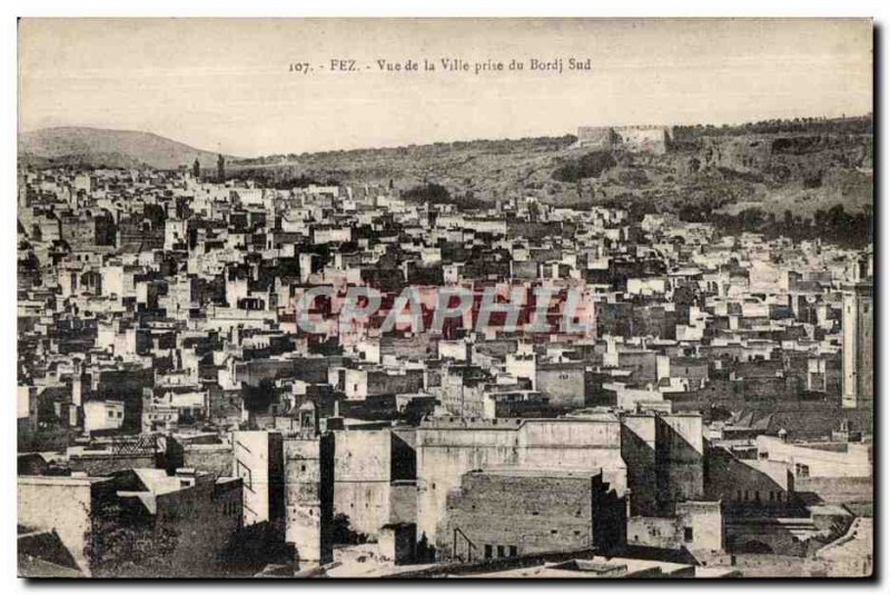 Old Postcard Fez Morocco View of the City taking the Bordj South