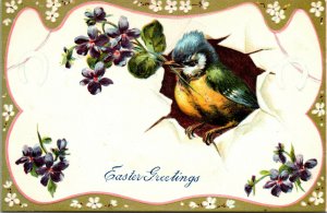 Vtg 1910s Easter Greetings Bluebird Floral Violets Horseshoe Embossed Postcard