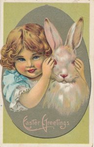 Easter Greetings - Pretty Girl Holding Rabbit - mailed - DB