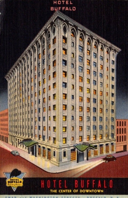 New York Buffalo Hotel Buffalo Swan and Washington Streets 1953 Curteich