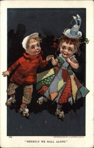Children Comic Rollerskating Flirting c1910s Postcard