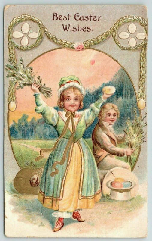 Colonial Easter~Girl w/ Colored Eggs~Boy's Hat Full~Gold Leaf Emboss~United Art 