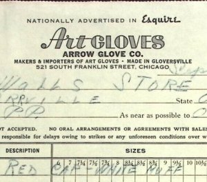 1938 ARROW GLOVE CO ART GLOVES CHICAGO ILLINOIS BILLHEAD INVOICE T6