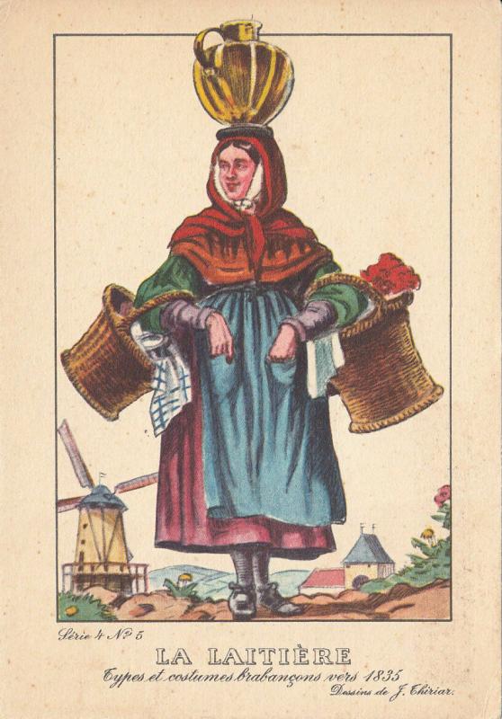 French types milk maid folk costume 1835 J. Chiriar design postcard
