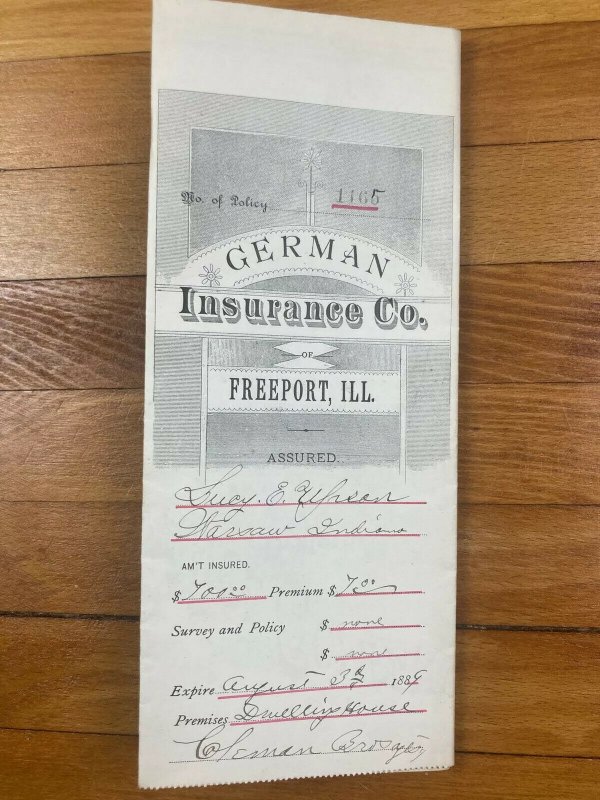 Antique 1886 German Insurance Company Freeport Ilinois Warsaw Indiana Contract 