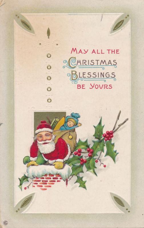 Christmas Blessings Greeting - Santa Toys Misstletoe Chimney - pm 1913 - DB