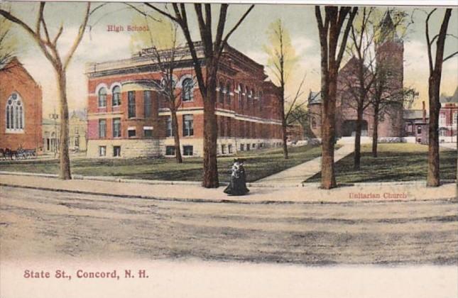 New Hampshire Concord State Street Showing Unitarian Church & High School